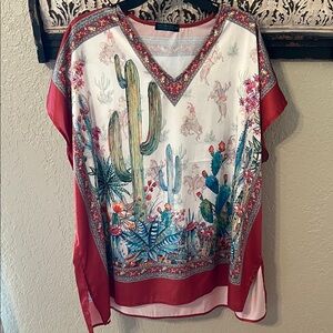 Vibrant Cactus Print Blouse with Red Accents